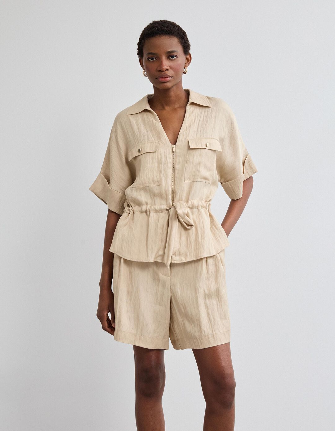 Camisa com Liocel, Mulher, Bege