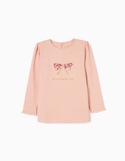 Long Sleeve Cotton T-shirt for Girls 'Bow', Pink