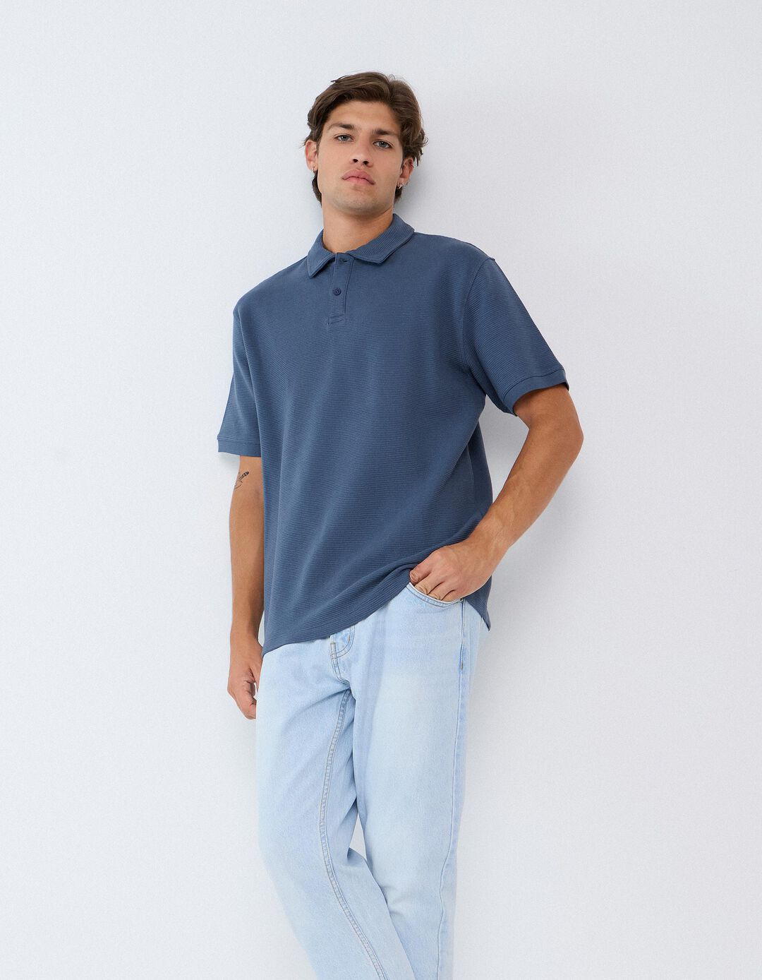 Polo De Malha Texturada, Homem, Azul Escuro