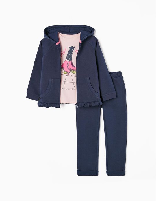 3-Piece Tracksuit in Cotton for Baby Girls 'Pink Thunder', Dark Blue/Pink