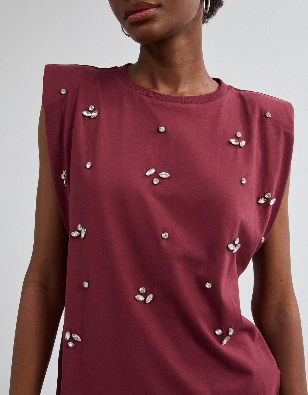 T-shirt Ombreiras Com Brilhos, Mulher, Vermelho Escuro 
