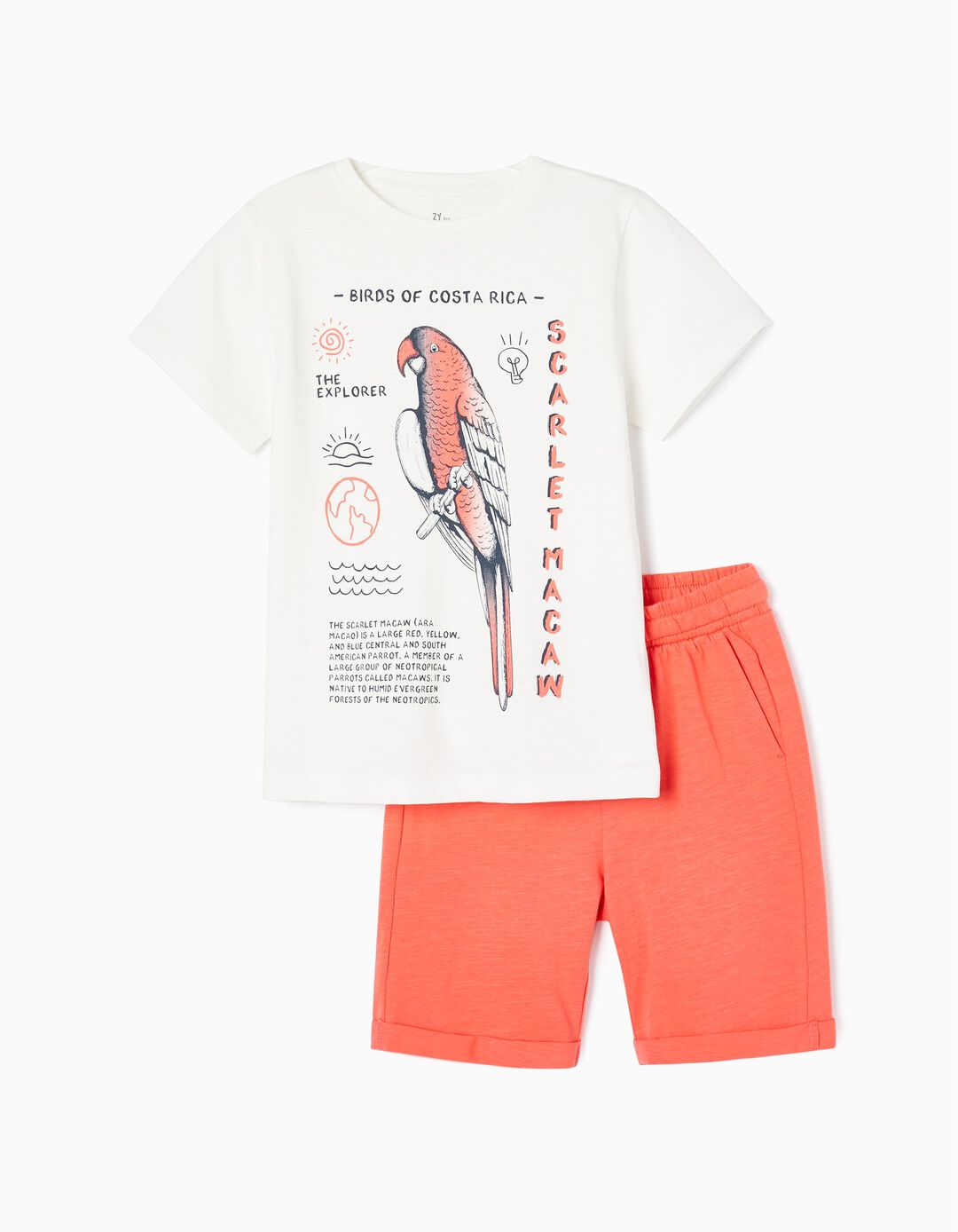 Cotton T-shirt + Shorts for Boys 'Ara Macao', White/Orange