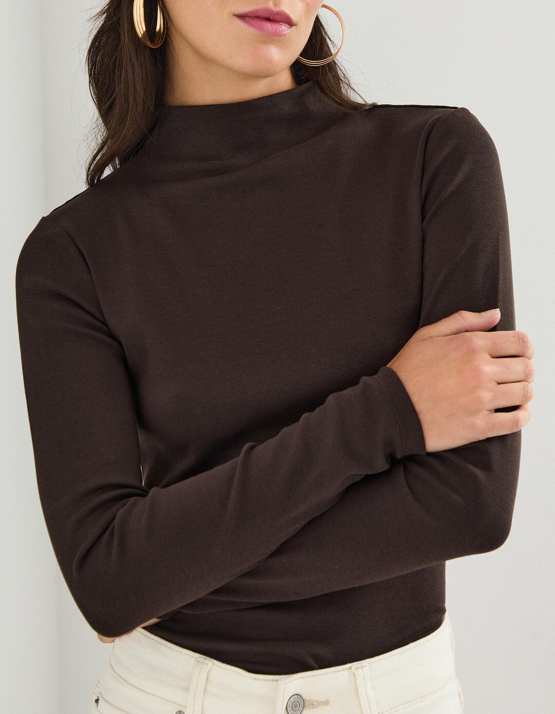 Camisola com Gola Alta, Mulher, Castanho Escuro