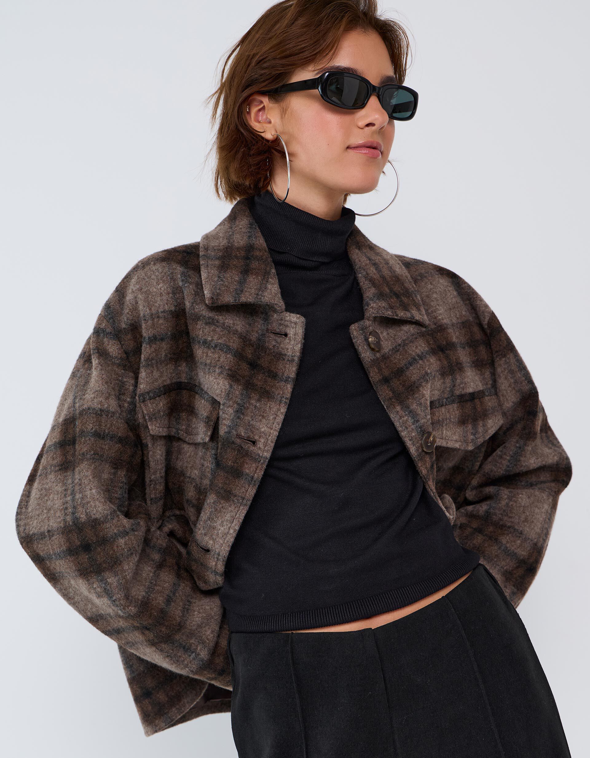 Comprar Online Casaco Curto Aos Quadrados, Mulher, Castanho