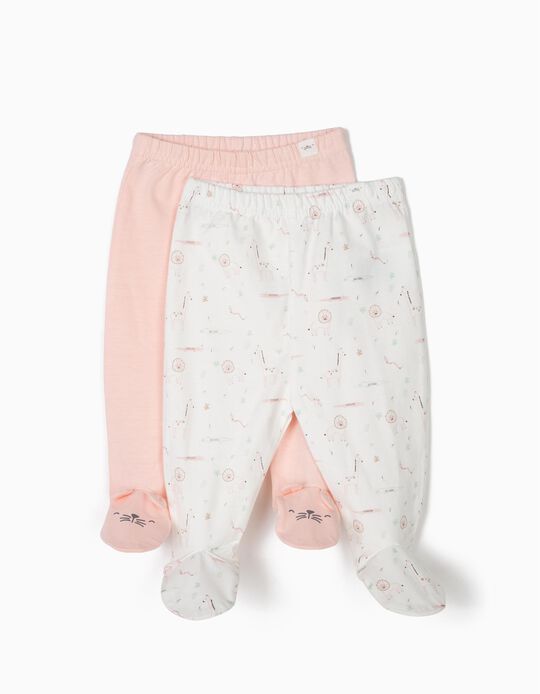 2 Cal&ccedil;as com P&eacute;s para Rec&eacute;m-Nascida 'Animals', Rosa e Branco