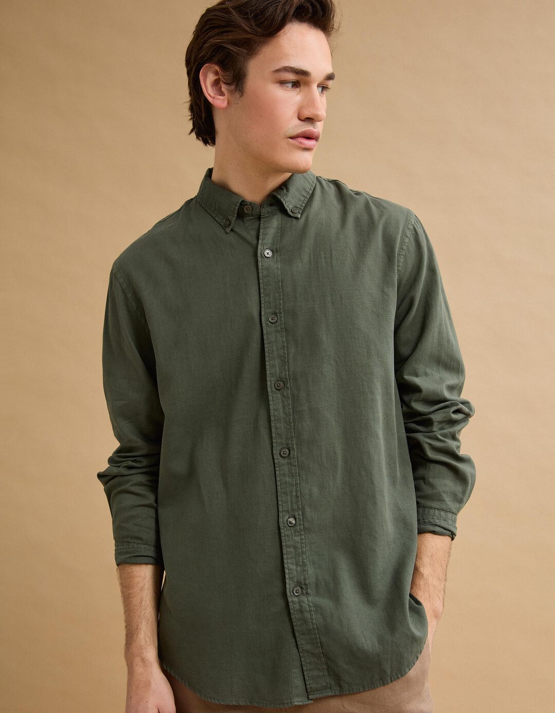 Camisa com Linho, Homem, Verde Escuro