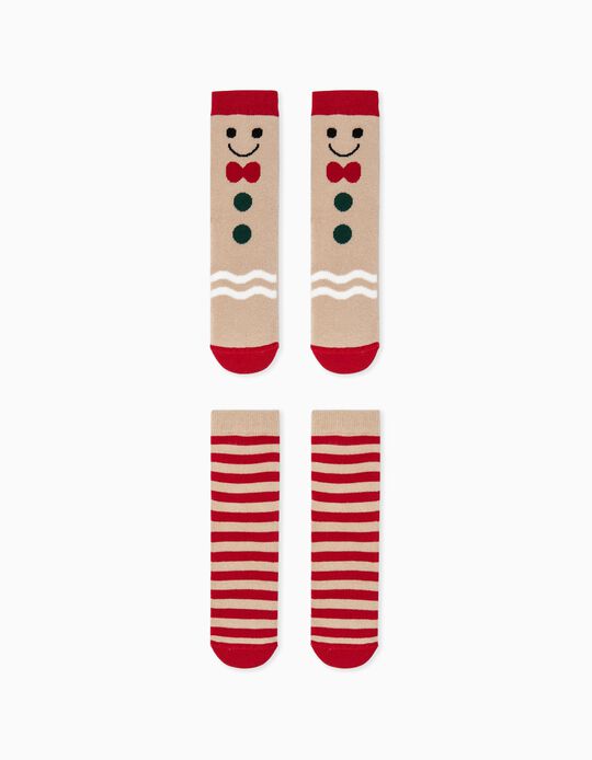 2 Pairs of Non-Slip Socks for Children, Red/Beige