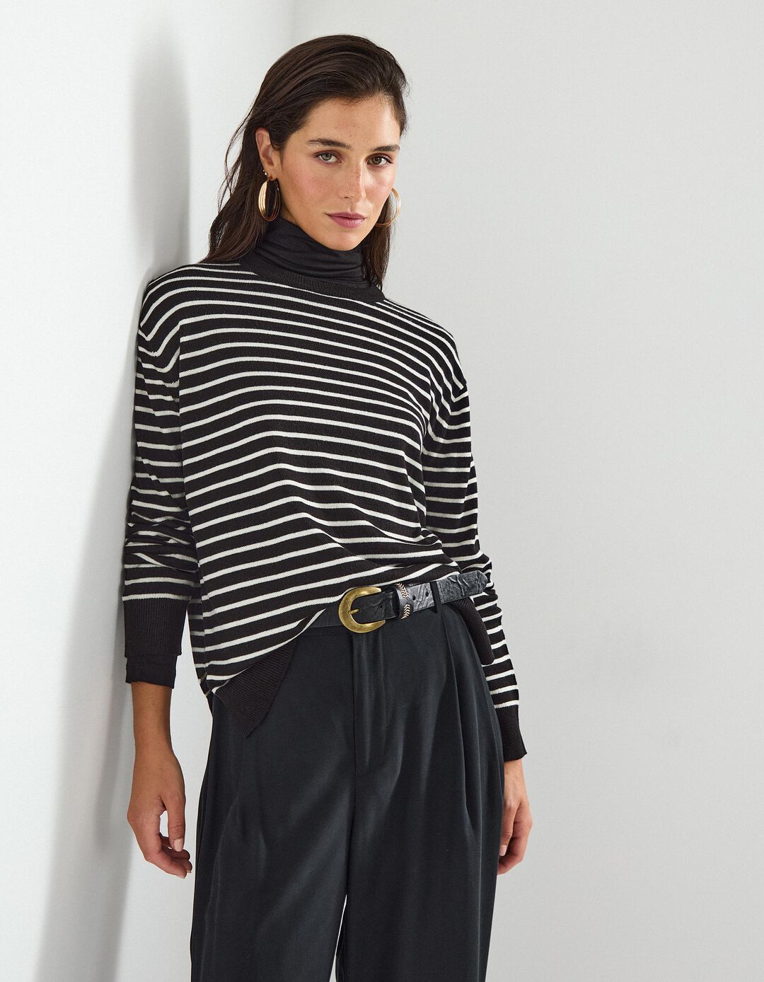 Camisola de Malha com Riscas, Mulher, Preto 