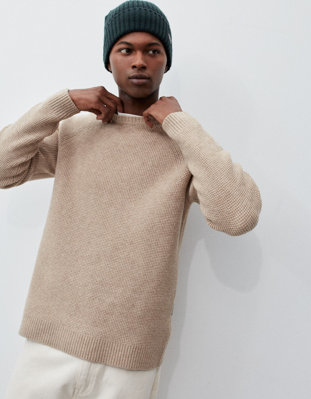 Camisola Tricotada Mistura de Lã, Homem, Bege