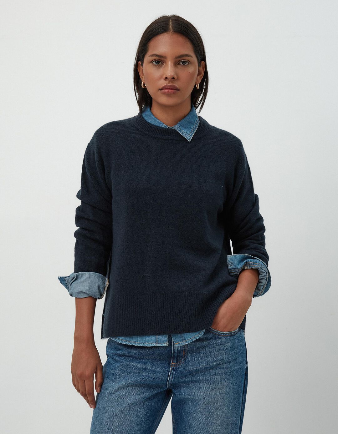 Camisola de Malha Decote Redondo, Mulher, Azul Escuro