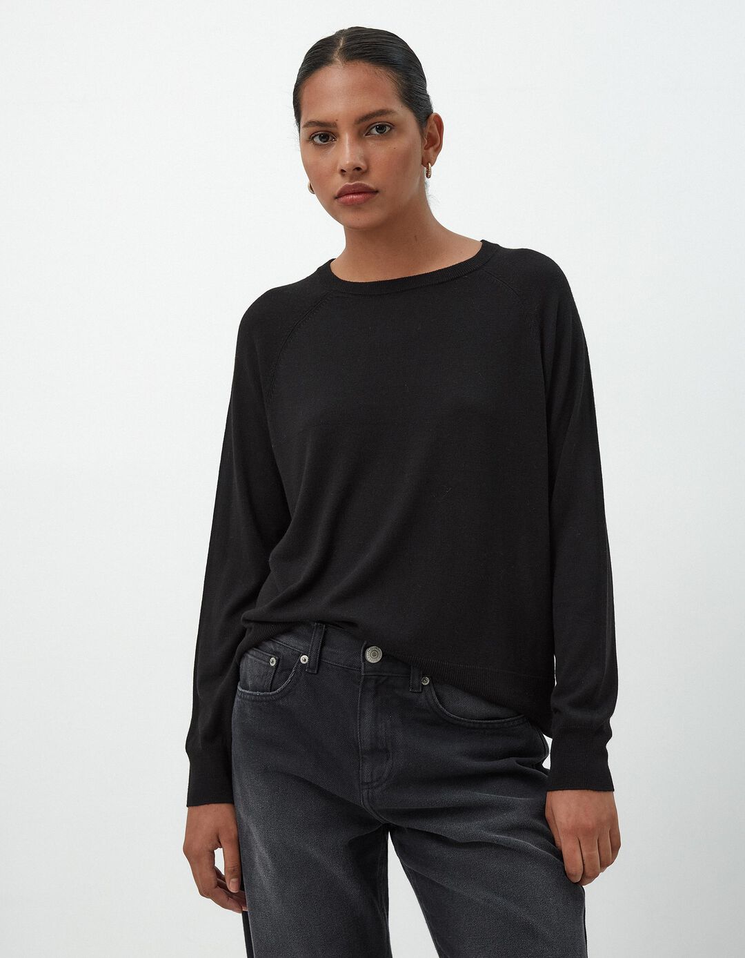 Camisola Mistura de Caxemira Decote Redondo, Mulher, Preto
