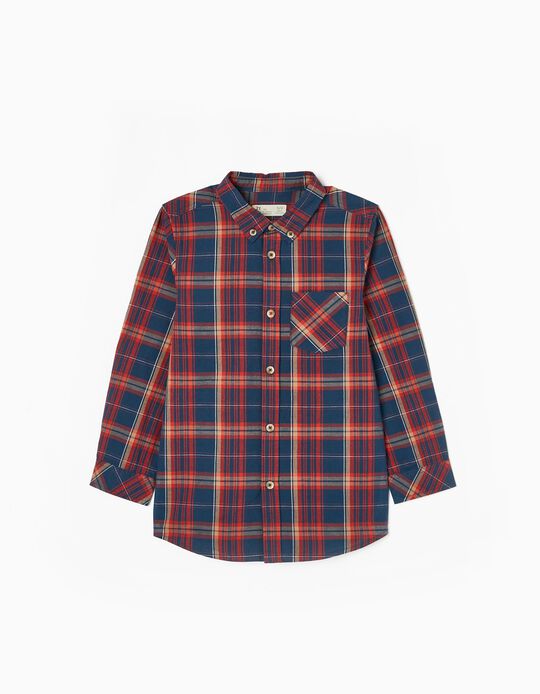 Camisa de Algodão com Xadrez para Menino, Azul/Vermelho