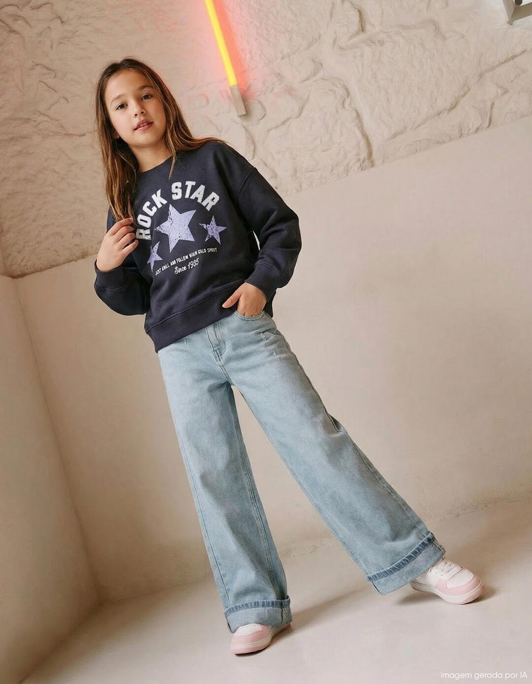 Cal&ccedil;as de Ganga 'Wide Leg', Menina, Azul Claro