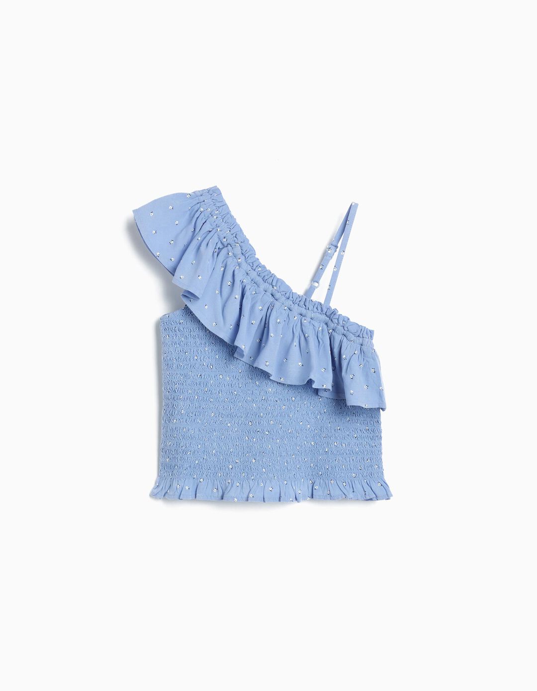 Top Assim&eacute;trico Com Folhos, Menina, Azul Claro
