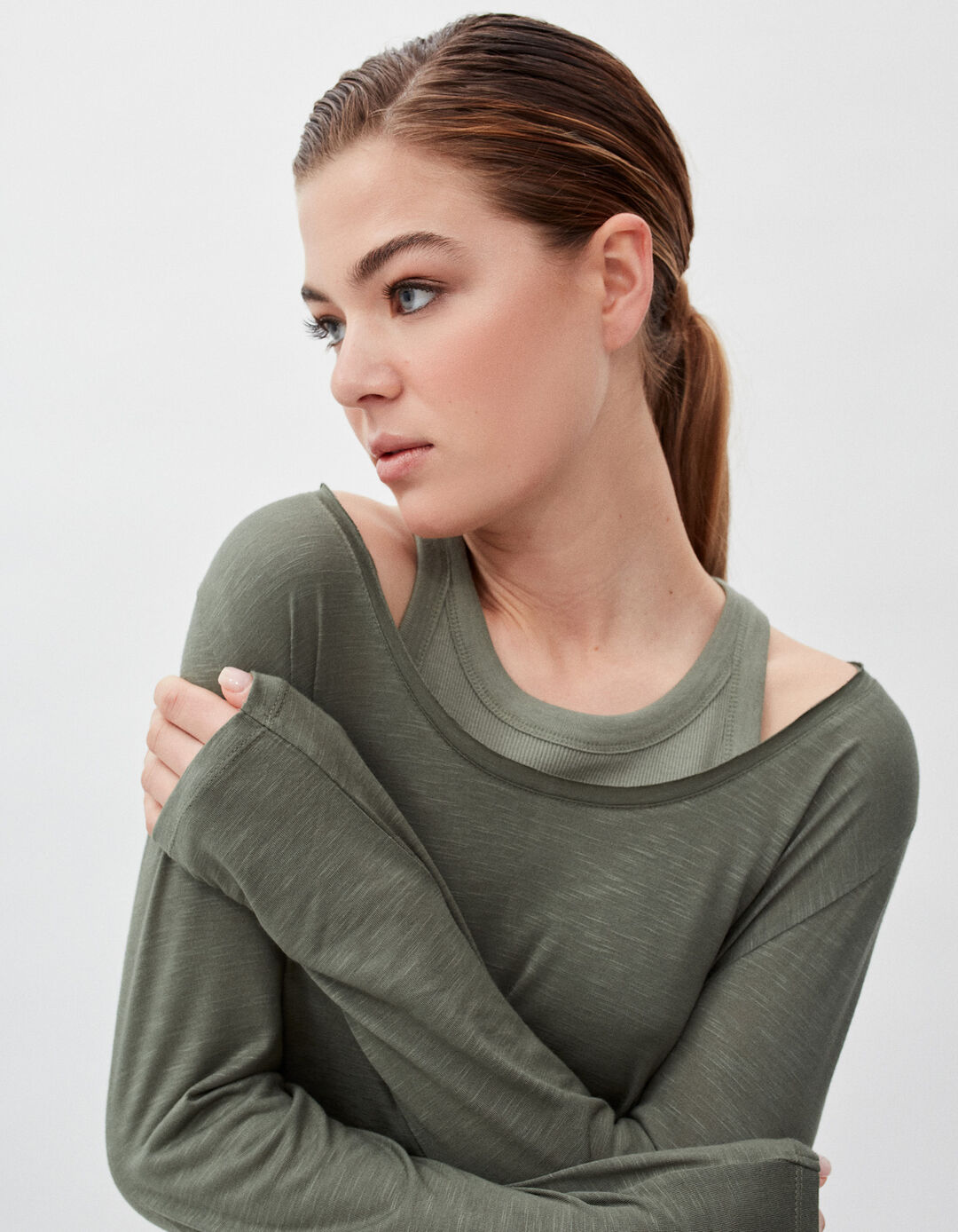Slub Long Sleeve T-shirt, Woman, Dark Green