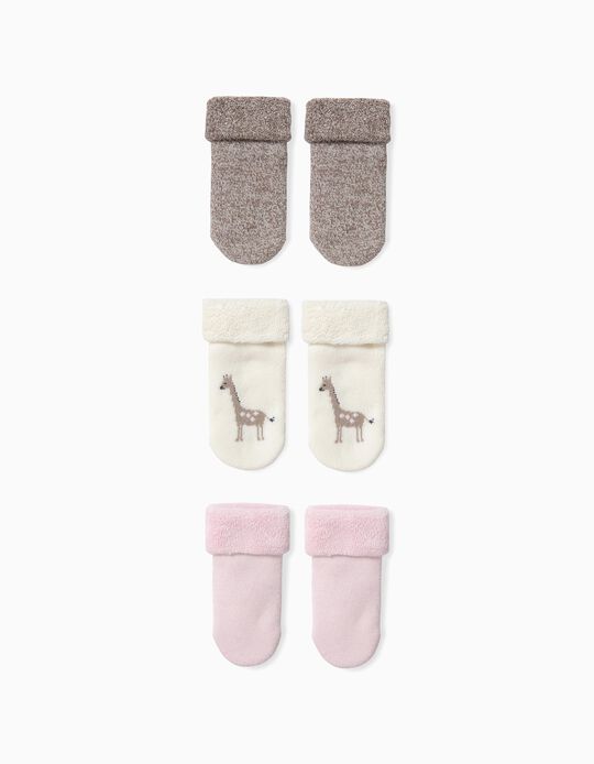 Pack 3 Meias para Beb&eacute; Menina 'Animals' em Algod&atilde;o Org&acirc;nico, Tricolor