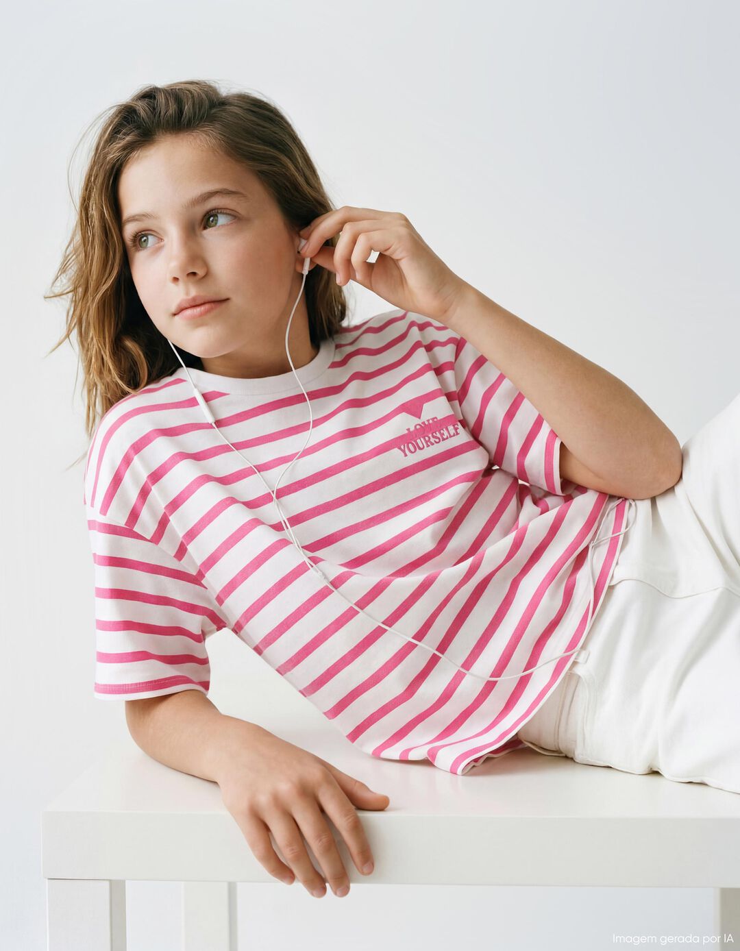 T-shirt Riscas, Menina, Rosa