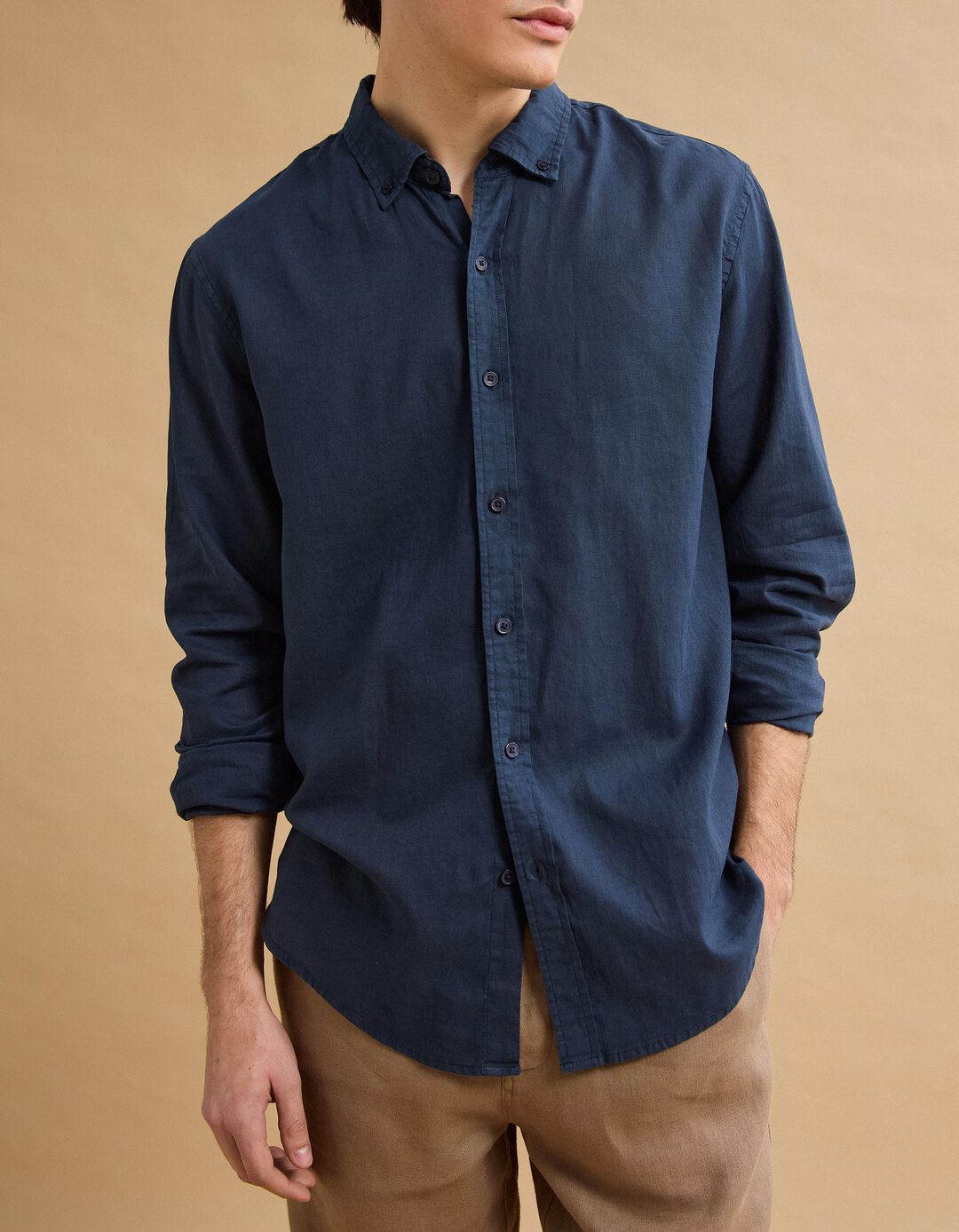 Camisa com Linho, Homem, Azul Escuro