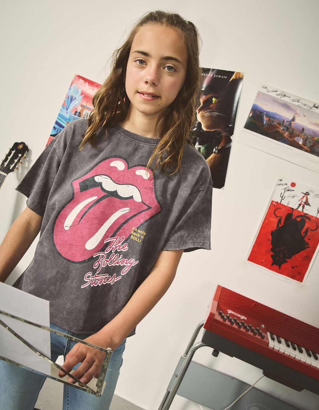 T-shirt 'The Rolling Stones', Menina, Cinzento Escuro 
