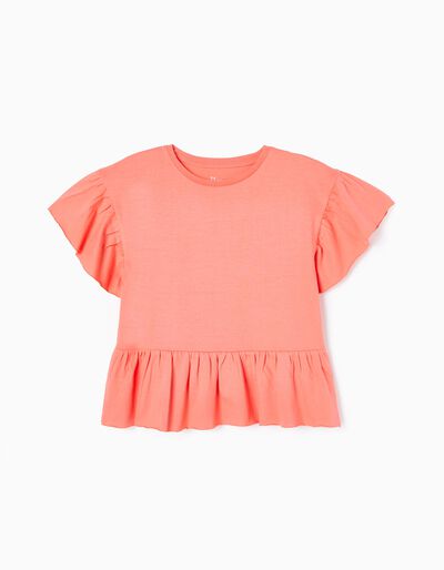 Cotton T-shirt with Frills for Girls, Coral