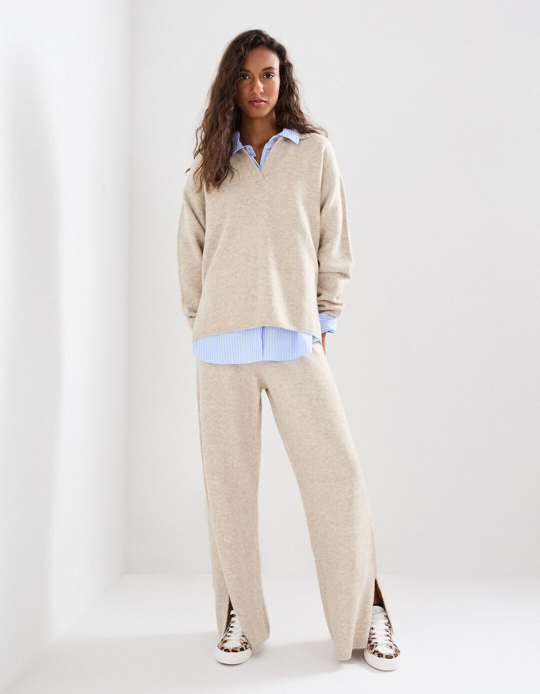 Calças de Malha com Lã, Mulher, Bege Claro