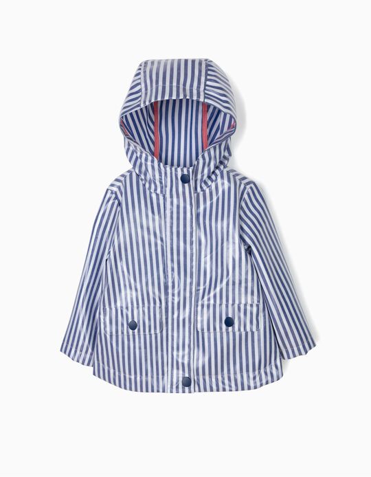 Parka Imperme&aacute;vel para Beb&eacute; Menina Riscas, Azul e Branco