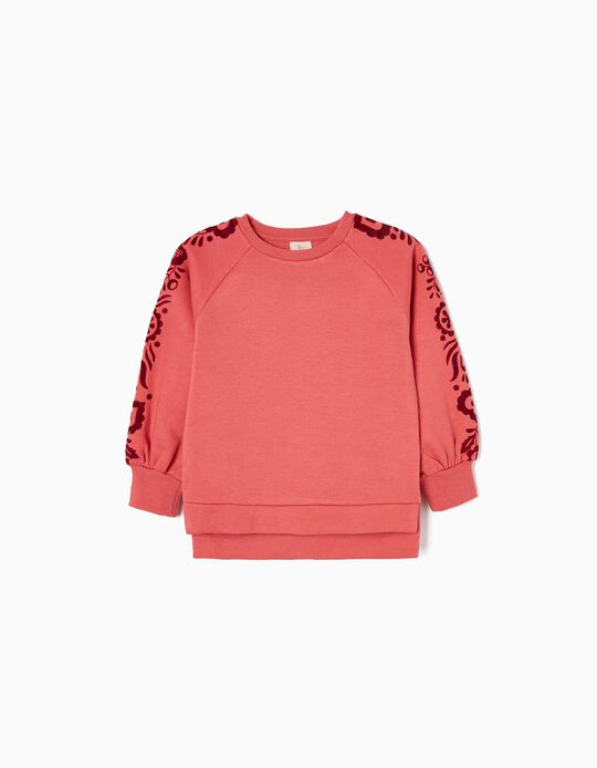 Cotton Brushed Sweatshirt for Girls 'Flowers', Coral