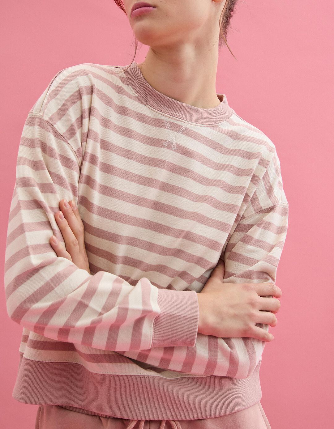 Sweatshirt Riscas, Mulher, Rosa Claro