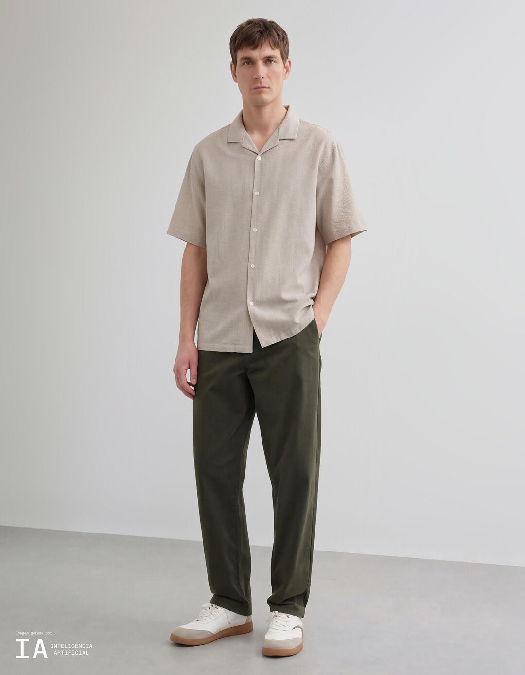 Camisa com Linho, Homem, Bege