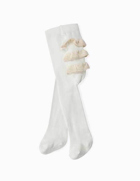 Collants de Malha para Beb&eacute; Menina Bordado Ingl&ecirc;s, Branco
