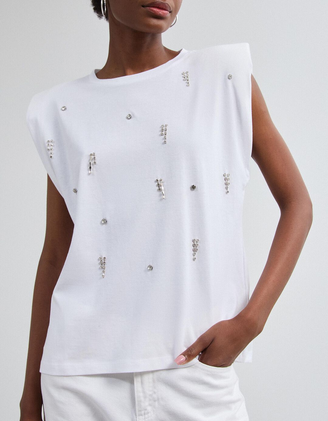 T-shirt Ombreiras Com Brilhos, Mulher, Branco