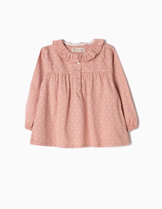 Pink Loose-Fitting Twill Blouse, Flowers