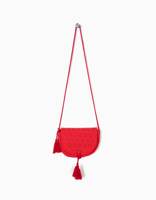 Bolsa a Tiracolo para Menina com Bordado Ingl&ecirc;s, Vermelho