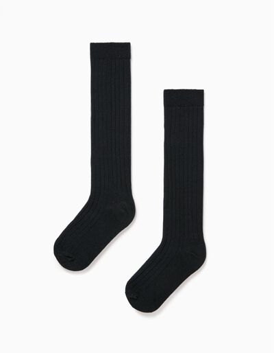 2 Pairs of Cotton Blend Ribbed Socks Pack, Boys, Dark Blue