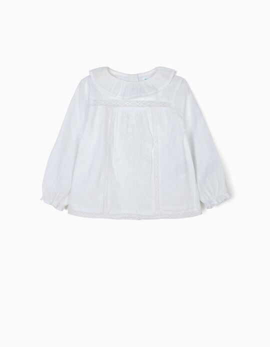 Blusa para Beb&eacute; Menina 'B&S' com Rendas e Bordados, Branco