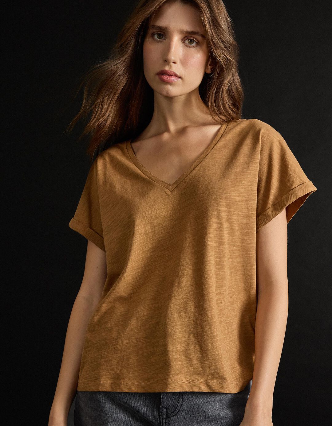 T-shirt Decote em V, Mulher, Castanho Claro 