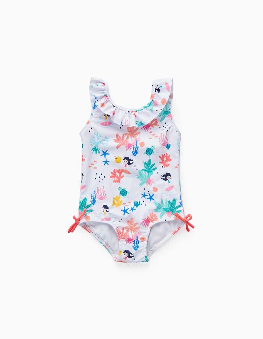 Swimsuit UPF 80 for Baby Girls 'The Beach', White