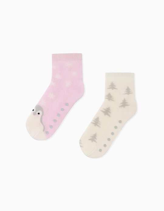 2 Pairs of Non-Slip Socks for Girls 'Winter', Pink/Beige