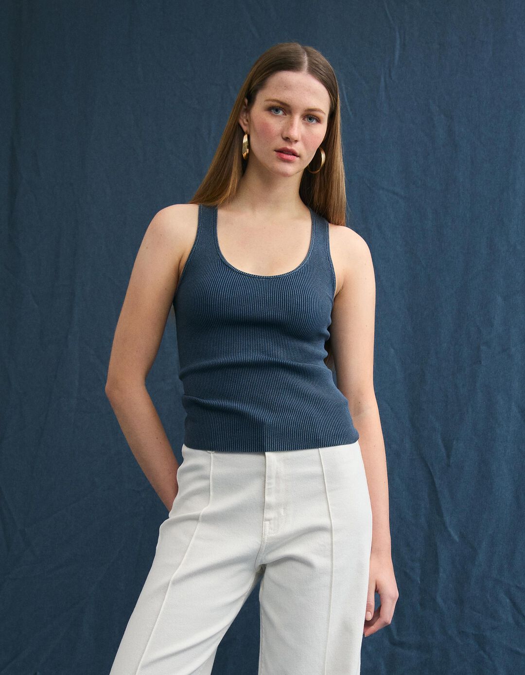 Tank Top Canelado, Mulher, Azul Escuro