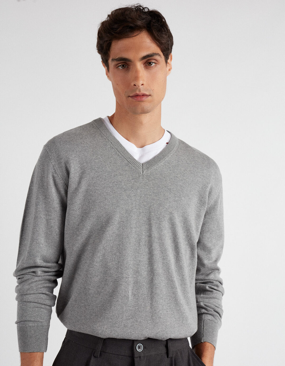 V-Neck Knit Sweater, Men, Gray