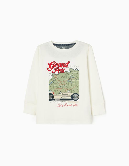 Long Sleeve Cotton T-shirt for Boys 'Racing Cars', White
