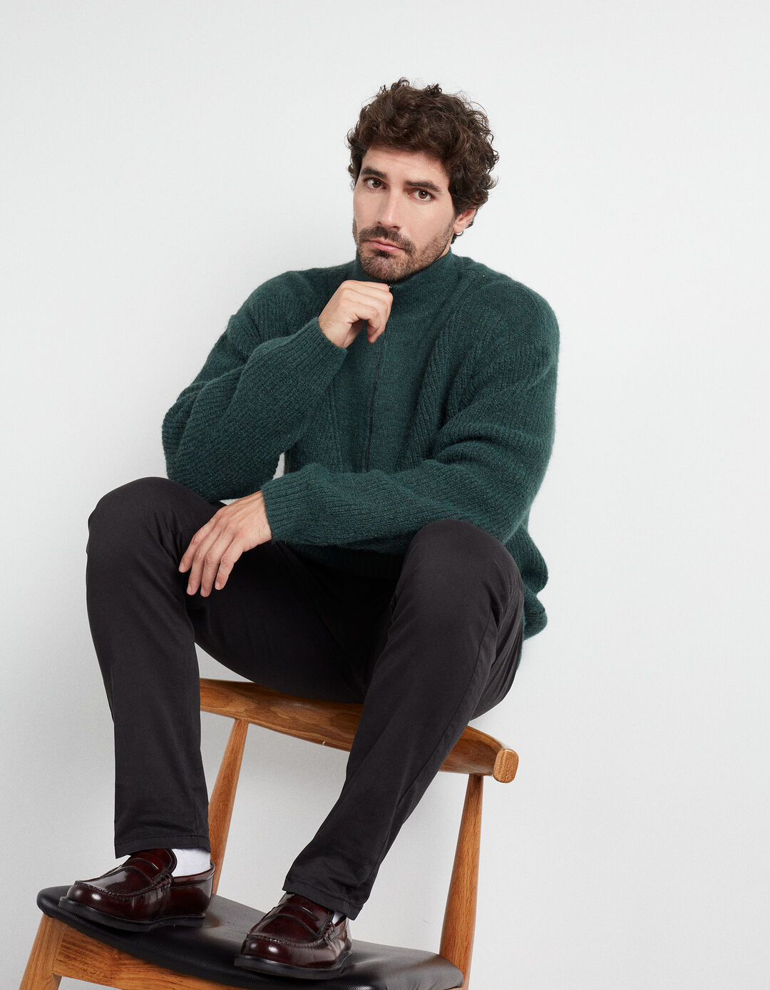 Wool Blend Zip Sweater, Men, Dark Green