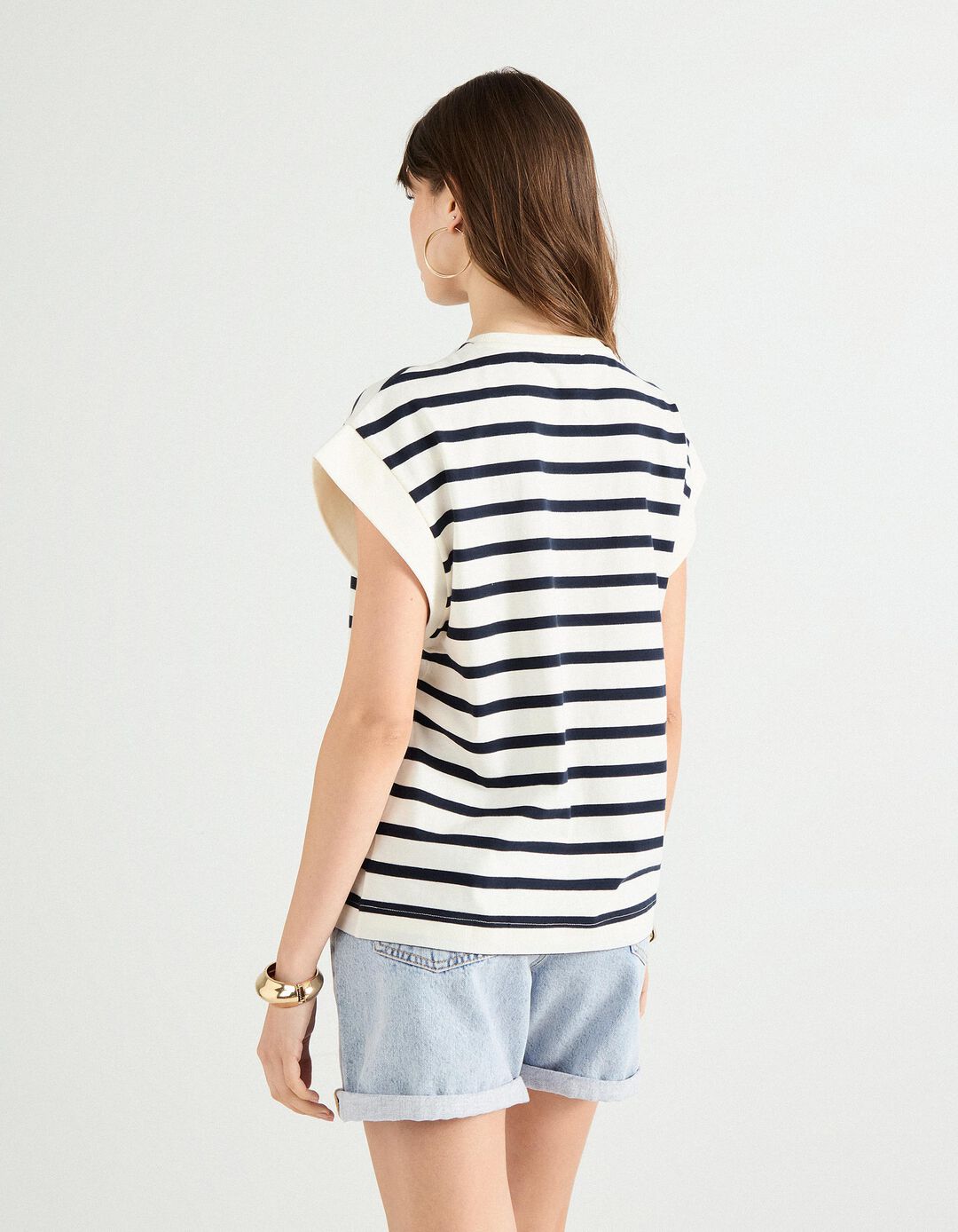 T-shirt com Riscas, Mulher, Azul Escuro