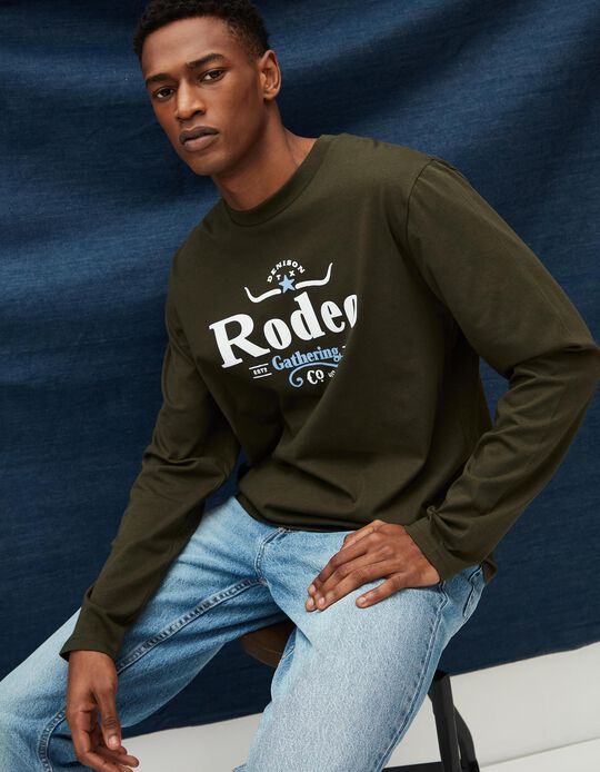 Comprar Online T-shirt de Manga Comprida Estampado, Homem, Verde Escuro 