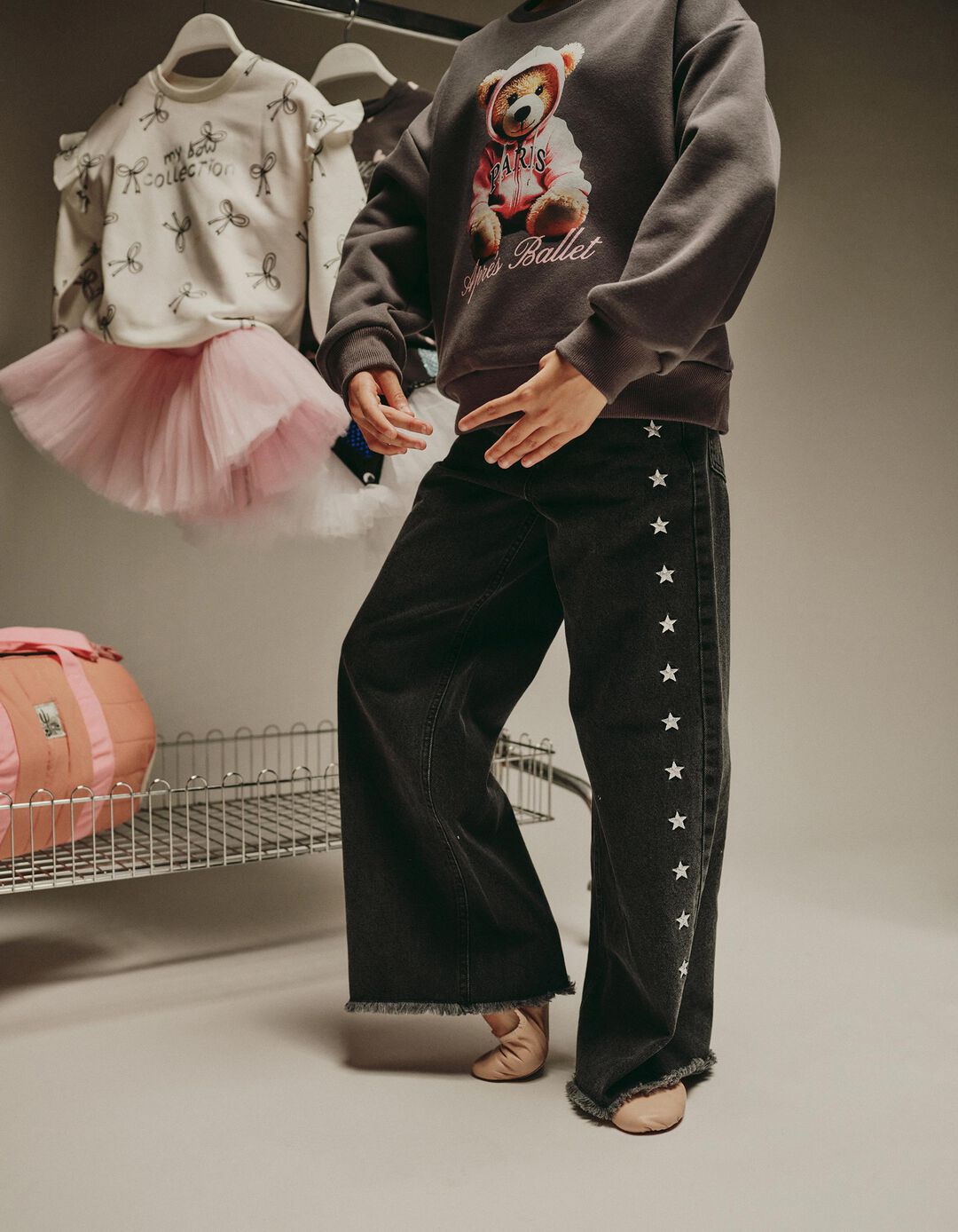 Calças de Ganga Wide Leg, Menina, Preto