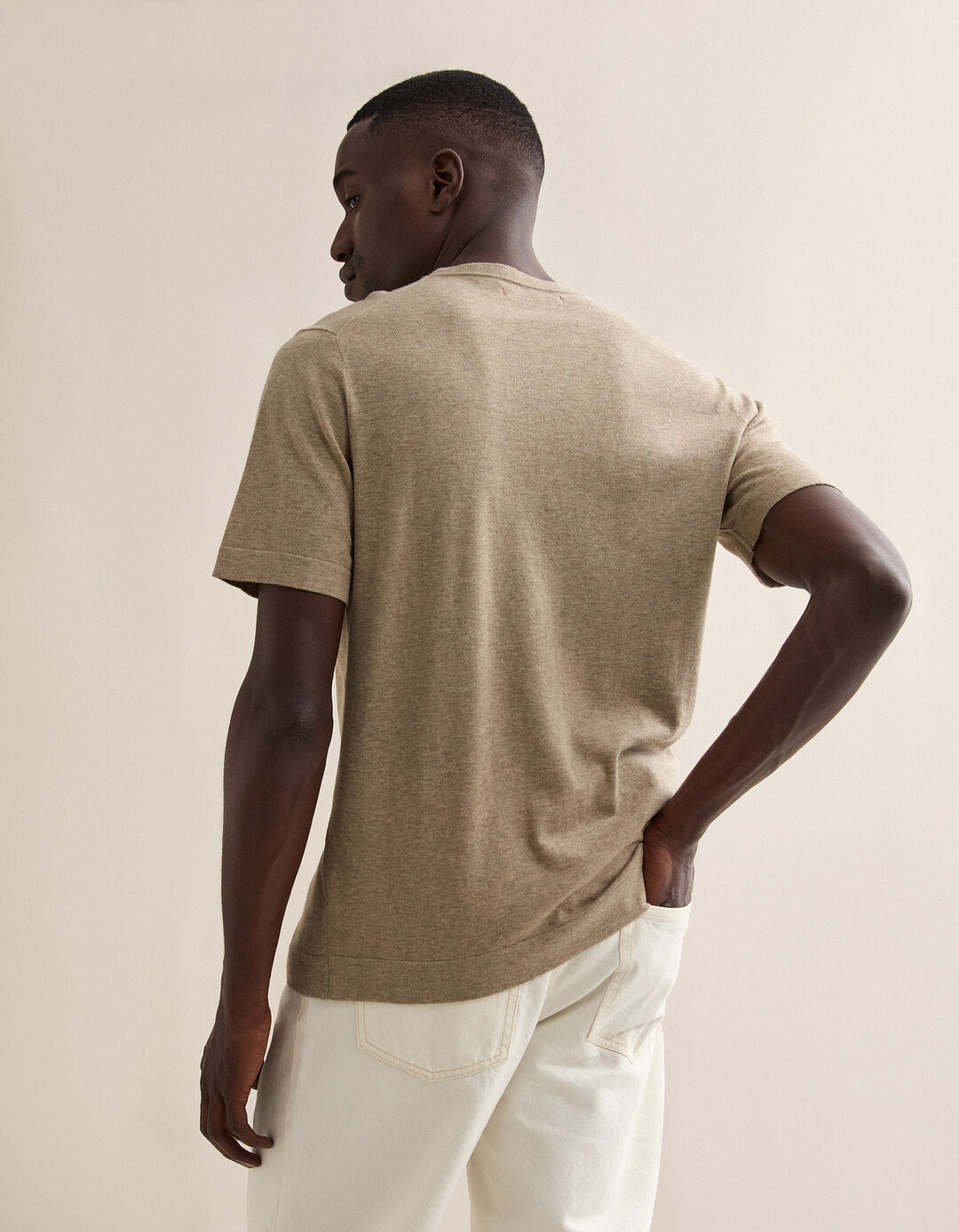 T-shirt de Malha com Caxemira, Homem, Bege Claro