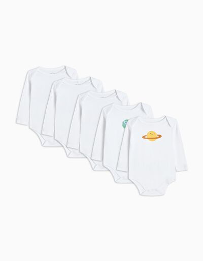 5 Long Sleeve Bodies Pack, Baby Boys, White