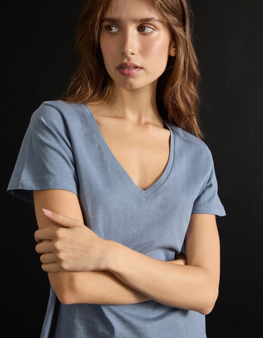 T-shirt Decote em V, Mulher, Azul