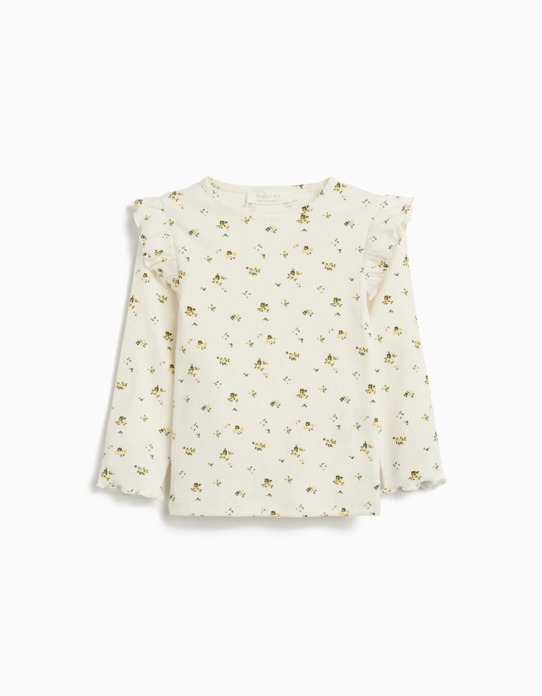 T-shirt de Manga Comprida com Folhos, Menina, Cru 