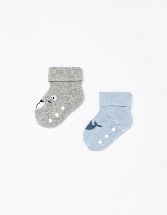 2 Pairs Non-Slip Socks, Babies, Blue/ Grey
